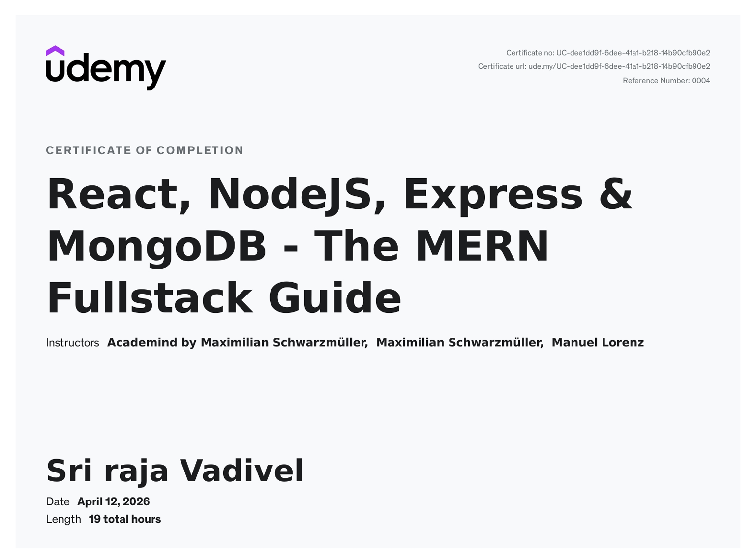 Udemy Course Certificate